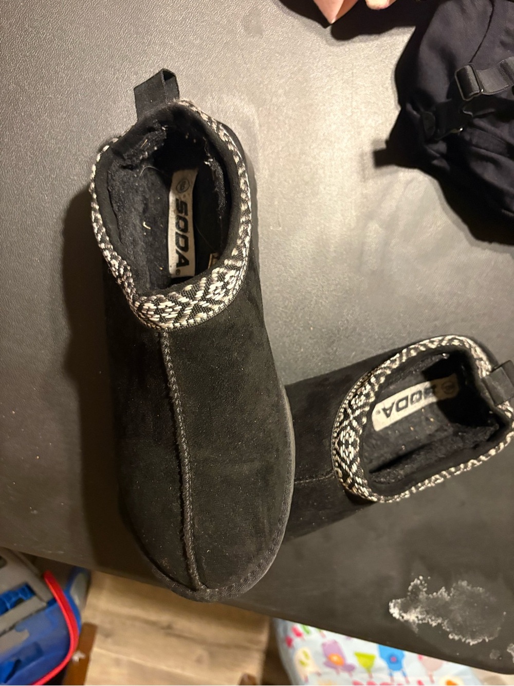 Soda Black Suede-Look Ankle Booties with Patterned Knit Cuff